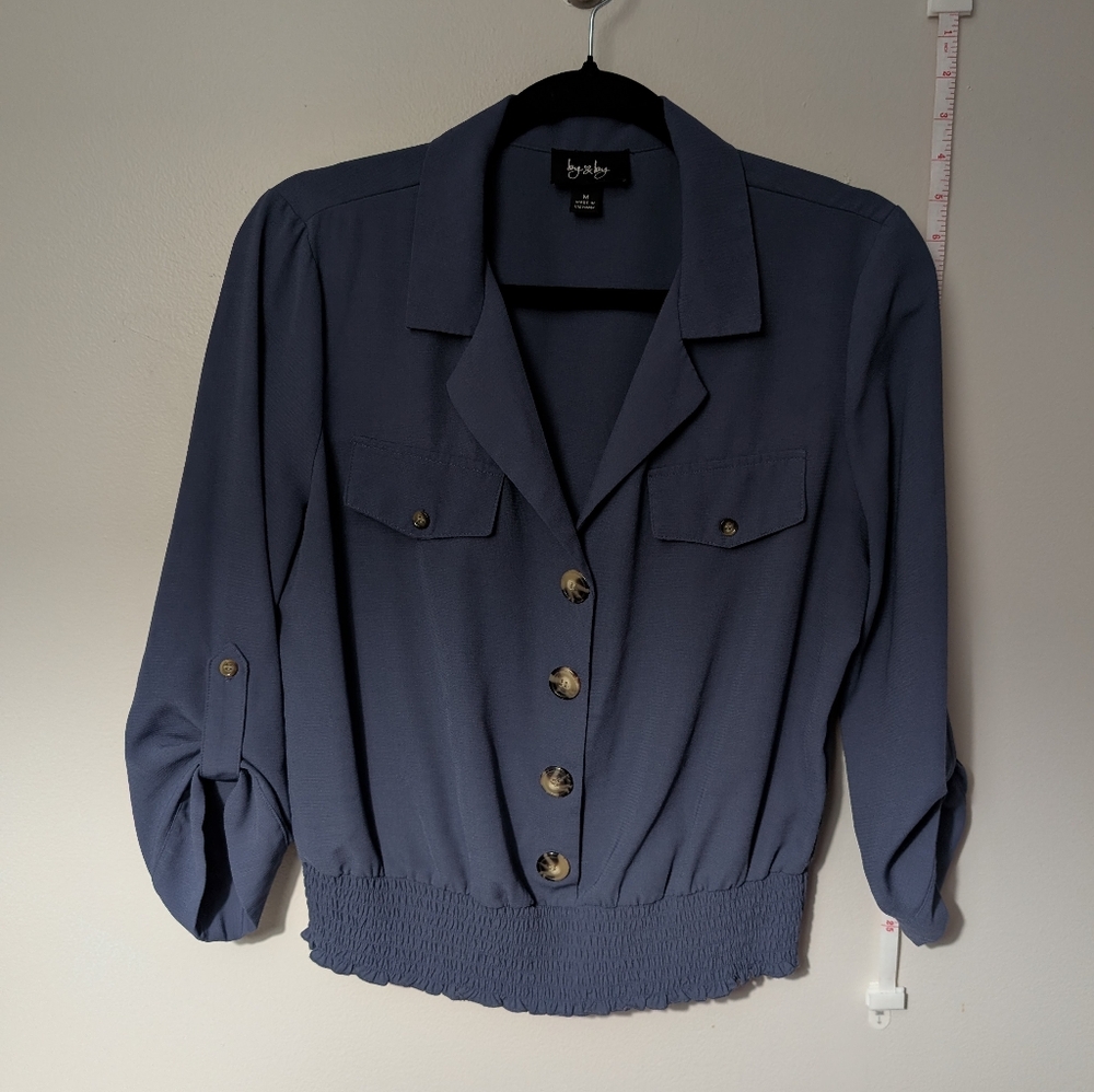 Blue Cropped Button-Up Blouse Women Medium